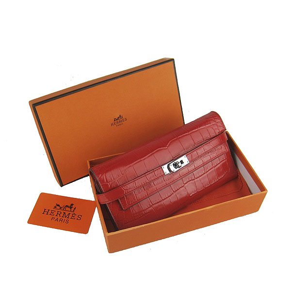 High Quality Hermes Kelly Crocodile Veins Long Clutch Bag Red H009 Replica - Click Image to Close